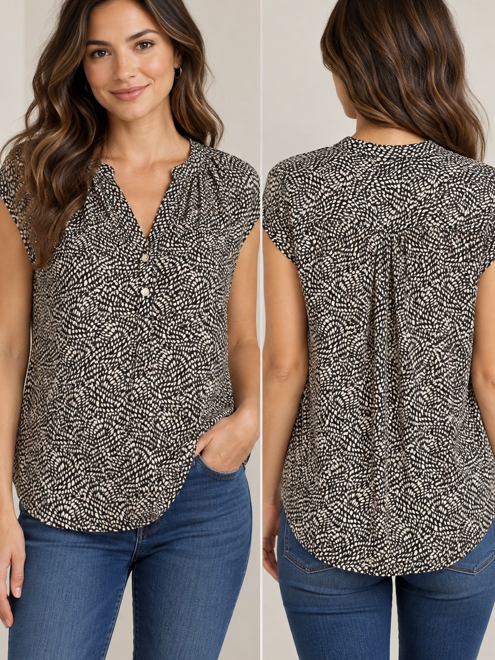 Banana Republic Abstract Print Blouse Black Ivory V-Neck Button Front S